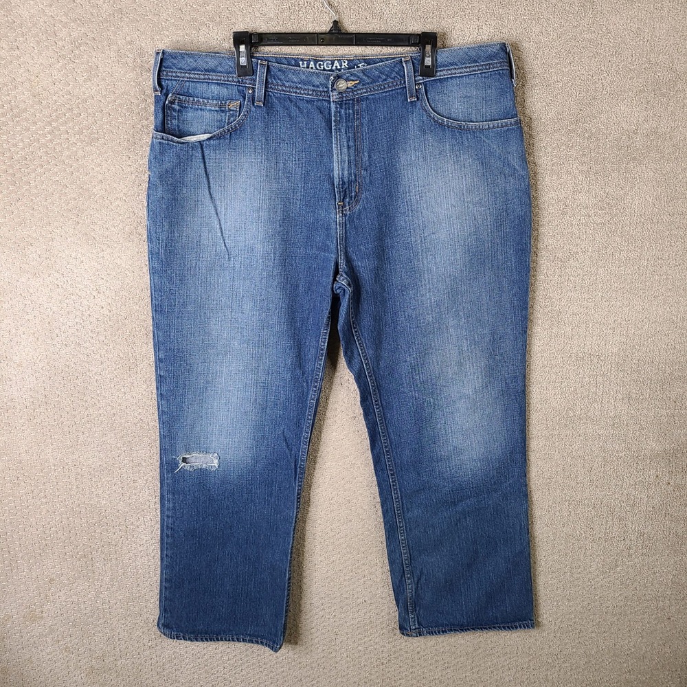 Haggar Jeans Mens 42x29 Blue Relaxed Fit Distressed 100% Cotton‎ Denim Casual